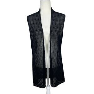 Eileen Fisher Wool Crochet Open Long Line Cardigan Black M Effortless Chic Boho